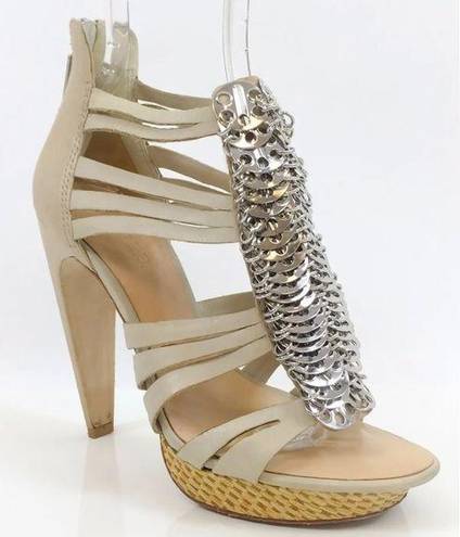 L.A.M.B. Leather Silver Coin Strappy Platform Heels