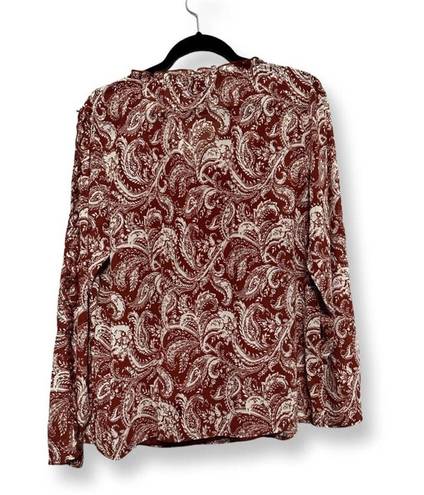 Bobeau Womens Blouse Brown White Paisley Long Sleeve Tie Keyhole Lined L New