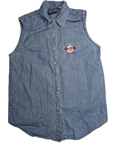 Hard Rock Cafe Vtg 1990s  Women's Sleeveless Button Embroidered Denim Vest Top XL