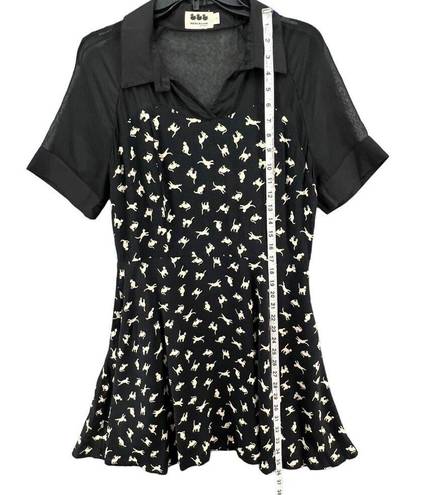 The Row Ducks In A Mini Dress Women L Black Cream Cat Print Short Sleeve Sheer Lined