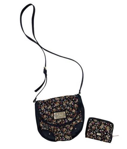 Mango MNG By  Black Ditsy Floral Corduroy Shoulder Bag & Wallet Retro 90s Grunge