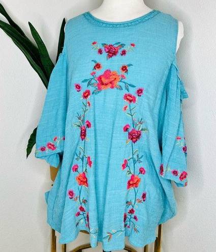 Umgee  Top Cold Shoulder Turquoise floral Embroidered Boho Blouse