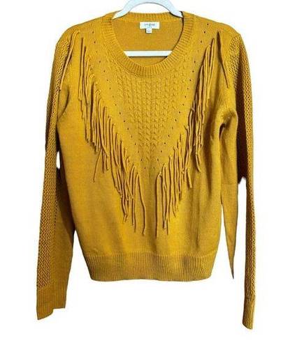 Umgee  Sweater Womens Large Yellow Boho Fringe Pullover Long Sleeve Sweatshirt