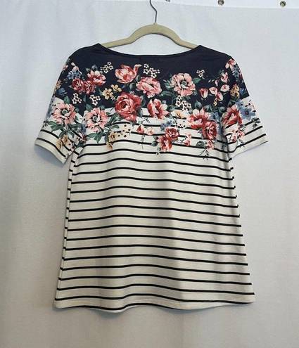 12PM by Mon Ami NWT  Short Sleeve Striped & Floral Blouse White/Blue Small