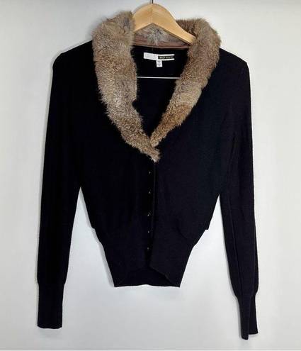 Tracy Reese  Rabbit Fur Collar Black Ribbed Sleeves Cardigan Size Small