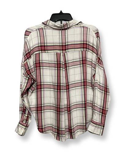 Lou & grey Womens Hi Lo Top Beige Red Plaid Long Sleeve Button Cuff XS