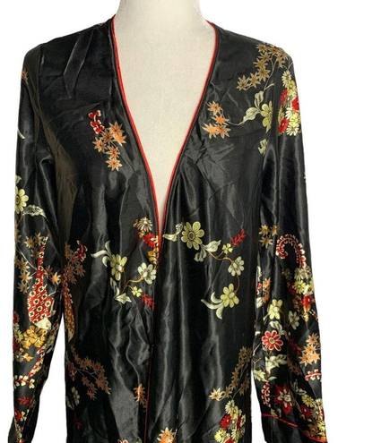 Honey Punch  Asian Print Robe Duster S Black Floral Long Sleeves Belt Loops