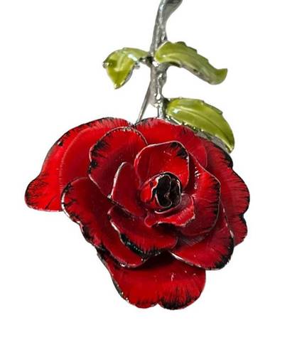 The Great Vintage red Rose metal and enamel brooch with depth and details