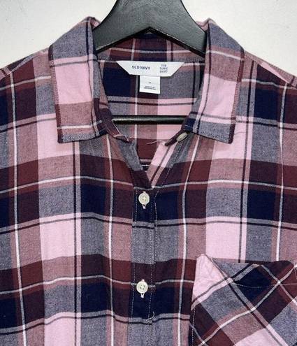 Old Navy  The Tunic Flannel  Shirt Womens Size M Pink Maroon Navy Blue Plaid L/S