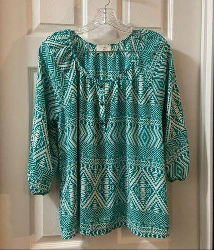 Everly  Green/Teal Print Scoop Neck 3/4 Sleeve Blouse M