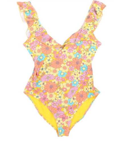 Jessica Simpson  Floral Yellow Rendevous Ruffled-Neck Swimsuit Medium NWT