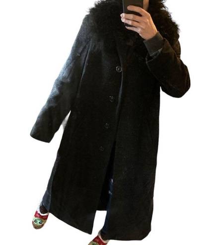 Saks fifth avenue wool fur trim long pea coat Black Size 10