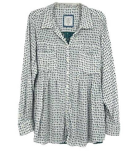 Style & Co  Boho Mixed Print Button Up Shirt White Teal Roll Tab Sleeves Size 1X