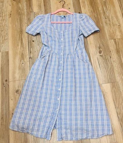 Draper James  Dress Blue Plaid Button Down Linen Blend Cottagecore size 2