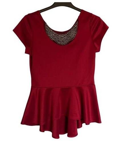 Say Anything  Top Womens XL Short Sleeve Red Peplum Jeweled Scoop Neck VINTAGE