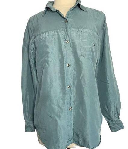 Gloria Vanderbilt  Medium 100% Silk Teal Blue Button Up Pocket Blouse Top