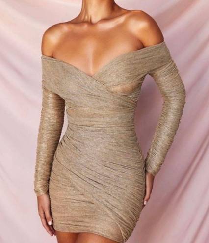 House Of CB NWT  Felicity Gold Ruched Mesh Off Shoulder Dress