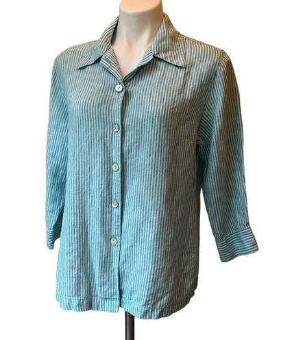 Chico's  Button Front Linen Relaxed Fit Blouse Blue/White Stripe, Sz Large…