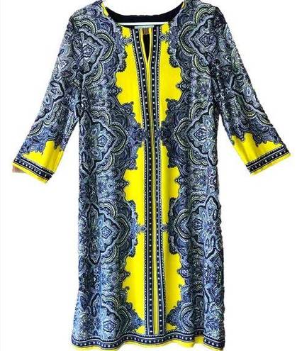 Sandra Darren NWOT  Mod Yellow & Blue 3/4 Sleeve Shift Dress Size Large Boho