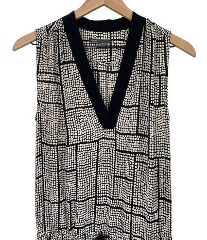 Vince  Silk Mini Dress V Neck Blouson Drawstring Waist Black White Polka Dot XS