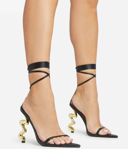 EGO New  Black Faux Leather Spiral Gold Heel Sandals Size 8