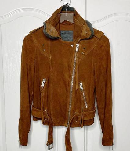 All Saints Plait Western Biker Suede Jacket Size 2 US Brown Goat