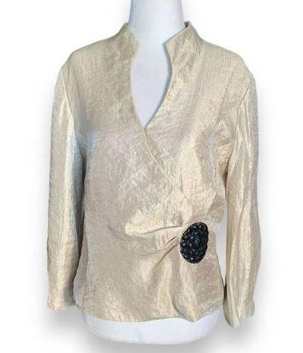 Dress Barn Vintage  Collarless Blazer Top Gold Metallic Black Brooch Ruched 10