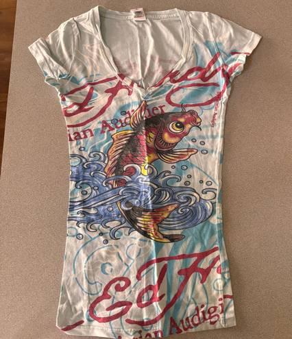 Ed Hardy Women’s  Graphic Tshirt Blue With Koi Fish - Slim Fit Size XS