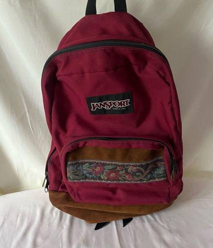 Jansport Vintage 90s  Backpack Suede Leather Bottom Maroon Red Floral Unisex