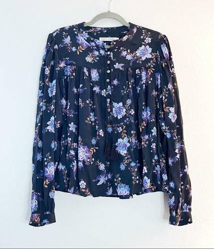 Rebecca Minkoff  Blouse Maggie Top Button Front & Neckties Sz L NWT Floral Black