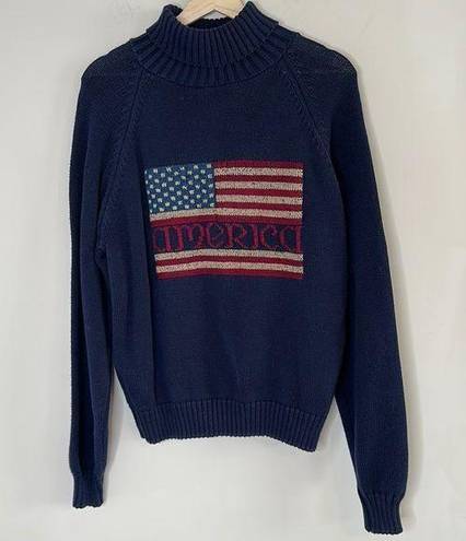 Lands'End 90s Lands’ End America Flag Turtleneck Sweater Navy Cotton