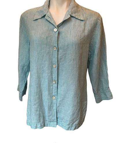 Chico's  Button Front Linen Relaxed Fit Blouse Blue/White Stripe, Sz Large…