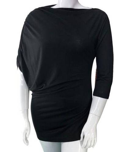 Natori  Womens Size L Tunic Asymmetrical Sleeve Ruched Boat Neck Top Black