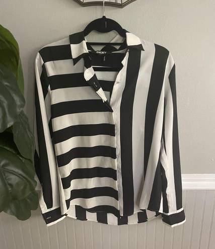 DKNY Women’s  Mixed Striped Button Down Shirt Black White Size XS