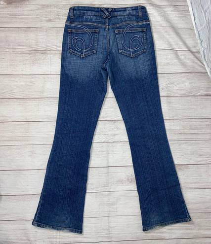 Cache cotton blend lightly distressed flare leg jeans w/embroidery blue sz 6