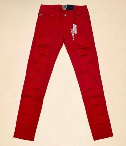 Tripp NYC  Z-Cut Strappy Skinny Jeans In Red