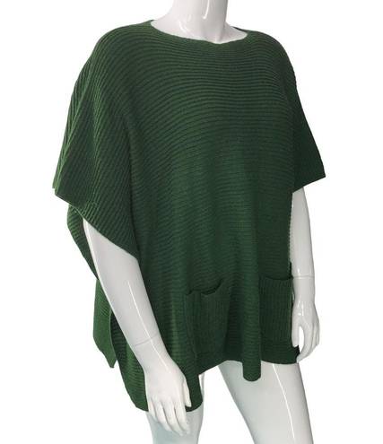 J.Jill  Womens One Size Poncho Sweater Green Front Pockets Tunic Length Rib Knit