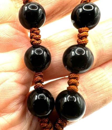 Onyx black  flower beaded pendant necklace on cord