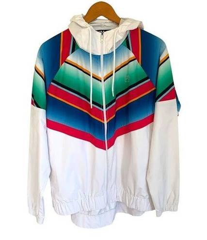 FILA  Jacket Womens Size Large White Tennis Hooded Rain Windbreaker Stripe Zip