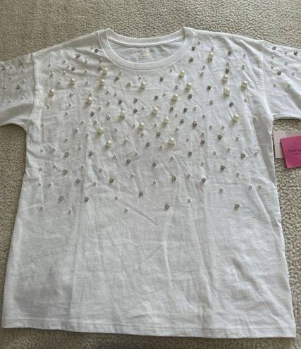 Kate Spade  Pearl Rhinestone Embellished T-Shirt White Size L