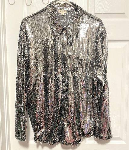 POL NWT  Metallic Sequin Women’s Long Sleeve Shirt Size Small Button Silver NYE