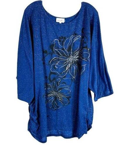 Fashion Bug  Plus Size 4X Top Blue Floral Sparkly Ruched Sides Metallic 1398