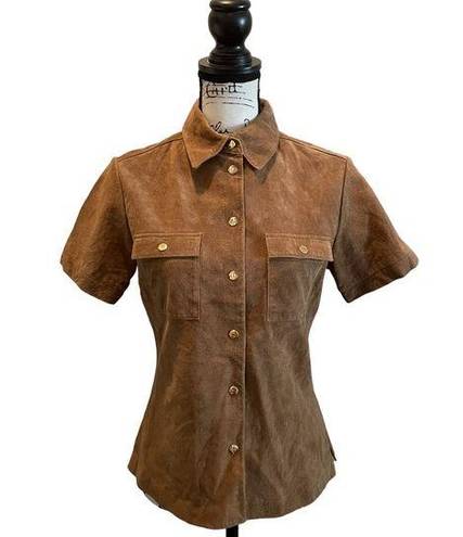 Moda  International VS Suede Leather Shirt Brown Small Snap Button Vintage Y2K