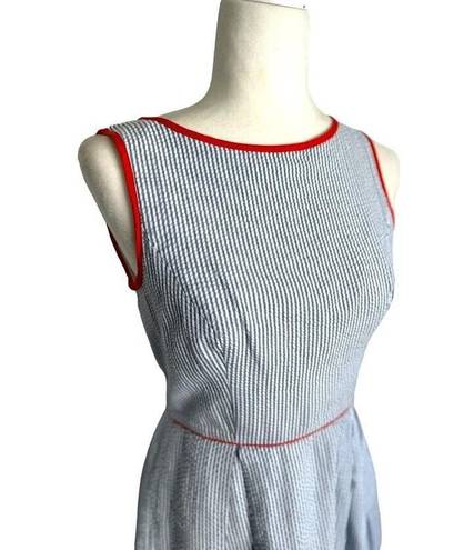 Jessica Simpson  Blue White Seersucker Stripe Dress Orange Trim Pockets SIze 4