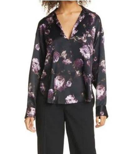  S Vince Silk Floral Long Sleeve Spread Collar Black and Purple Blouse