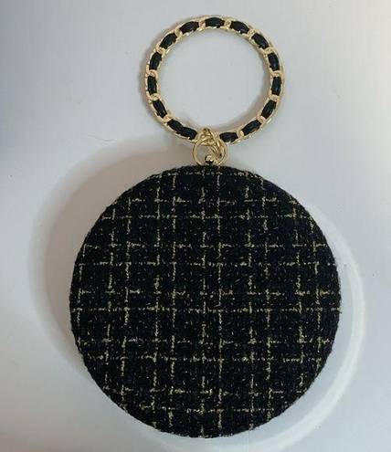 BLACK AND GOLD TWEED HARD CASE PURSE WITH BLACK LEATHER WEAVE BRACELET HANDLE