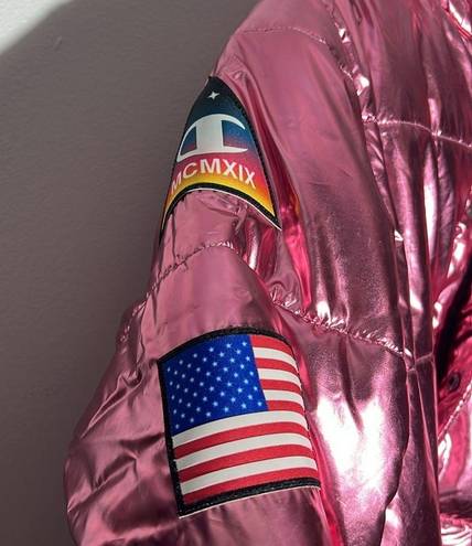 Champion NWT  Pink Metallic Zip-Front Puffer Coat NASA Patches Unisex Size M