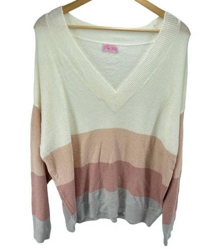 Pink Lily  striped Pullover Sweater Long Sleeve V Neck Color Block Beige Large NW