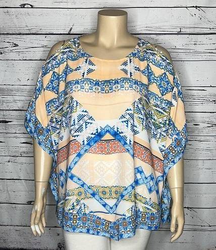 Harper  & Liv Size 3X Pink & Blue Aztec Print Cold Shoulder Poncho Blouse Top