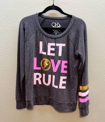 Chaser  Grey Let Love Rule Pink + Gold Stripe Sleeve Sweatshirt - Medium